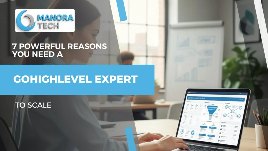 GoHighLevel expert managing CRM automation workflows and sales funnels on a professional dashboard