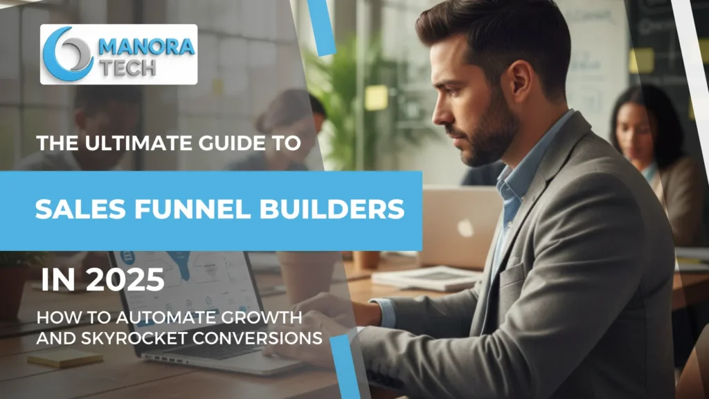 Digital marketing expert managing a GoHighLevel sales funnel builder and CRM automation dashboard in a high-tech office.